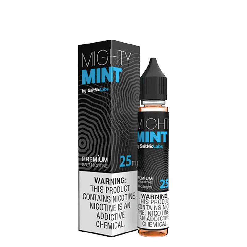 A box of Mighty Mint VGOD SaltNic with a warning sign and a 30ml bottle next to it - Vaper Corner