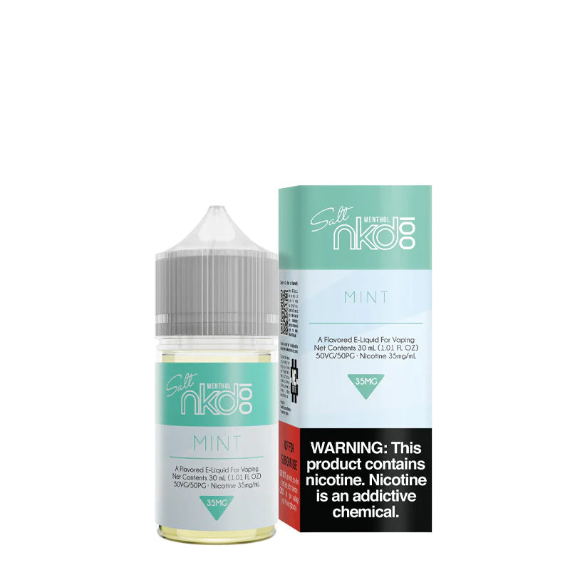 A 30ml bottle of Mint Naked 100 Salt eLiquid and a box with a warning sign next to it  - Vaper Corner