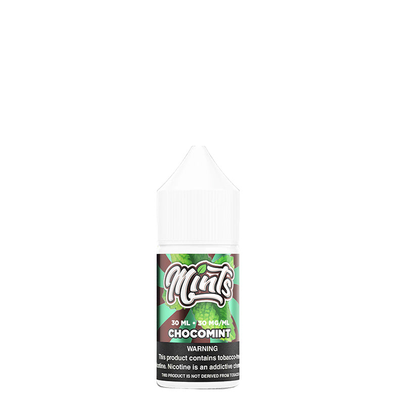 A 30ml bottle of Mints Salts Chocomint eLiquid with a warning sign - Vaper Corner