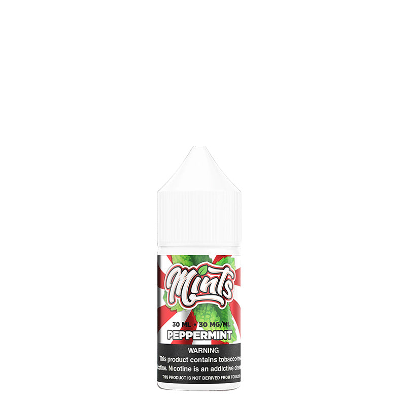 A 30ml bottle of Mints Salts Peppermint eLiquid with a warning sign - Vaper Corner