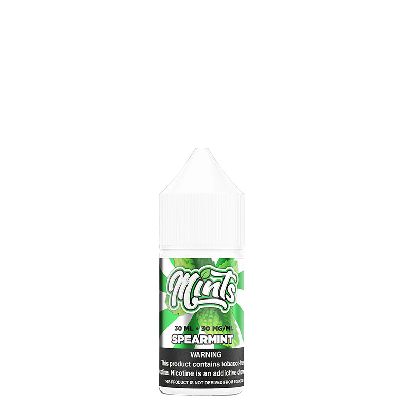 A 30ml bottle of Mints Salts Spearmint eLiquid with a warning sign - Vaper Corner