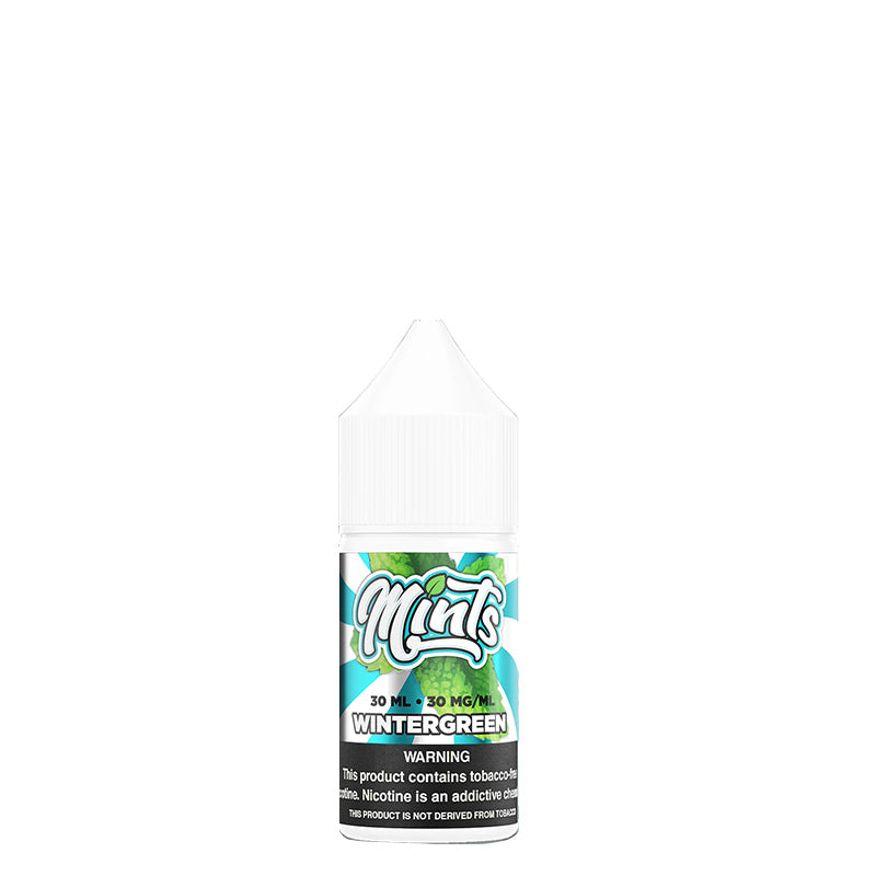 A 30ml bottle of Mints Salts Wintergreen eLiquid with a warning sign - Vaper Corner