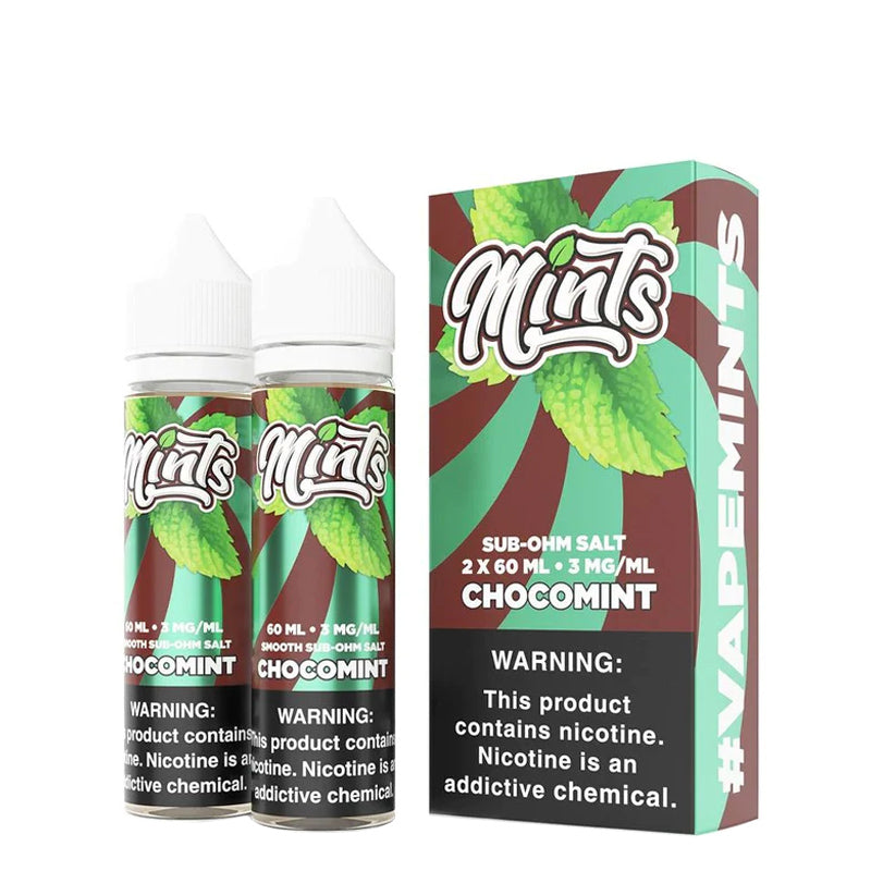 Two 60ml bottles of Mints e-Liquid Chocomint with a warning sign and a box next to it - Vaper Corner