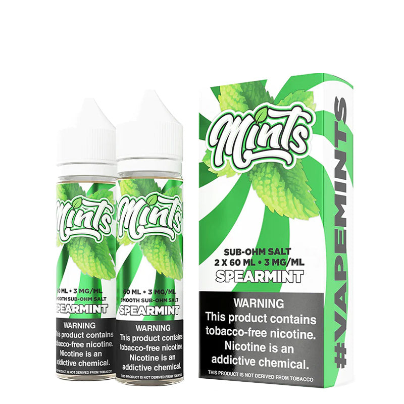 Two 60ml bottles of Mints e-Liquid Spearmint with a warning sign and a box next to it - Vaper Corner