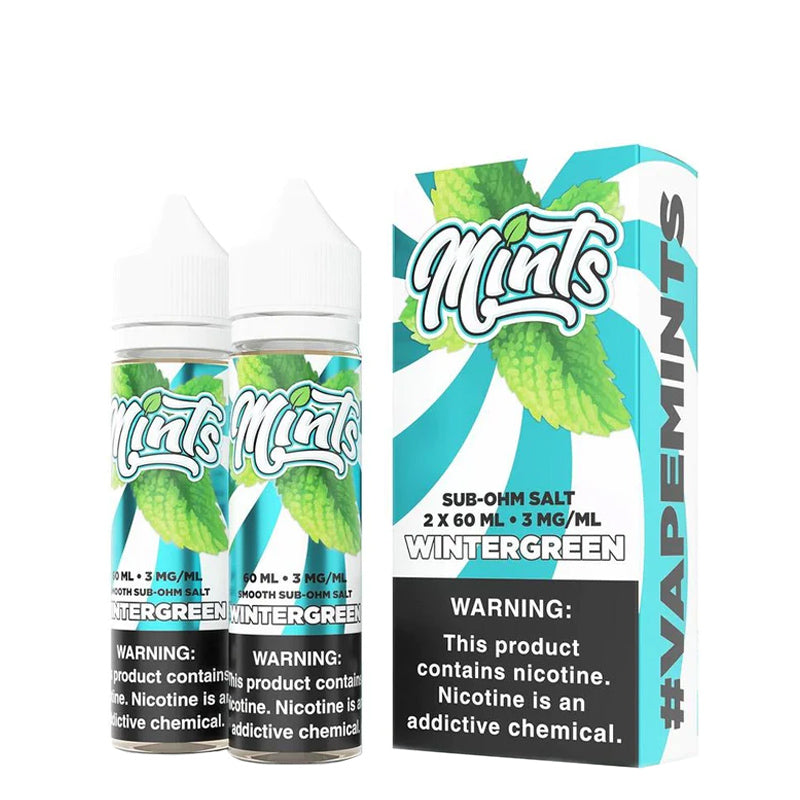 Two 60ml bottles of Mints e-Liquid Wintergreen with a warning sign and a box next to it - Vaper Corner