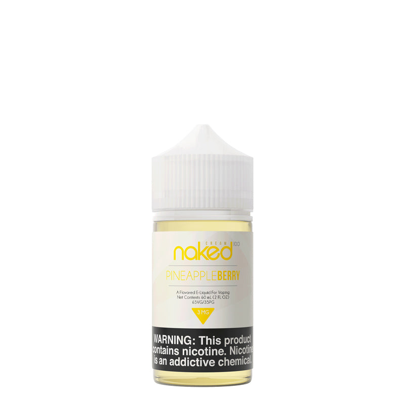 A 60ml bottle of Naked 100 Cream Pineapple Berry eLiquid with a warning sign - Vaper Corner