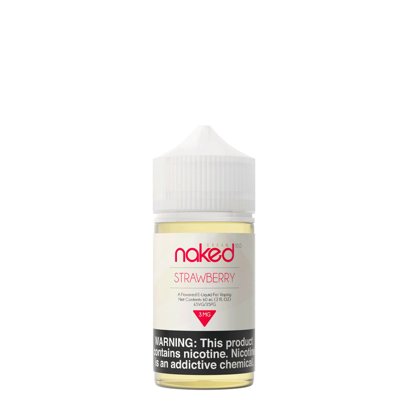 A 60ml bottle of Naked 100 Cream Strawberry eLiquid with a warning sign - Vaper Corner