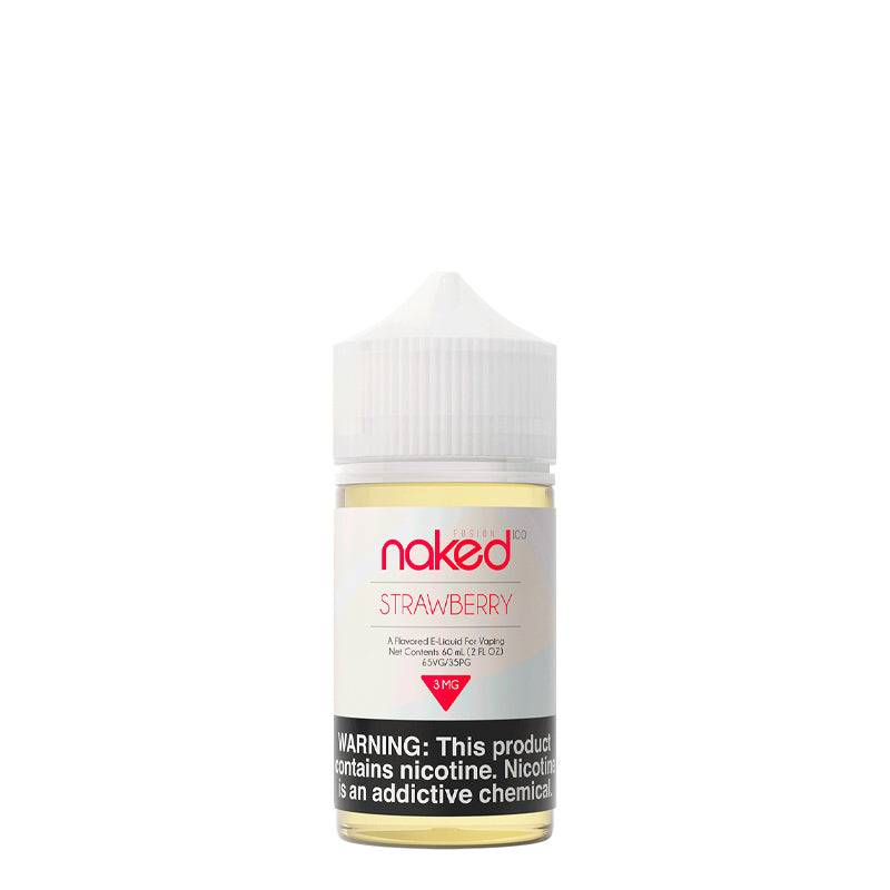 A 60ml bottle of Naked 100 Fusion Strawberry with a warning sign - Vaper Corner