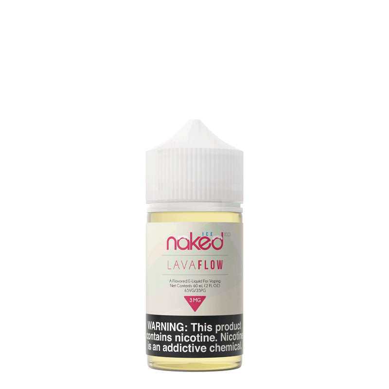 A 60ml bottle of Naked 100 Lava Flow ICE eLiquid with a warning sign - Vaper Corner