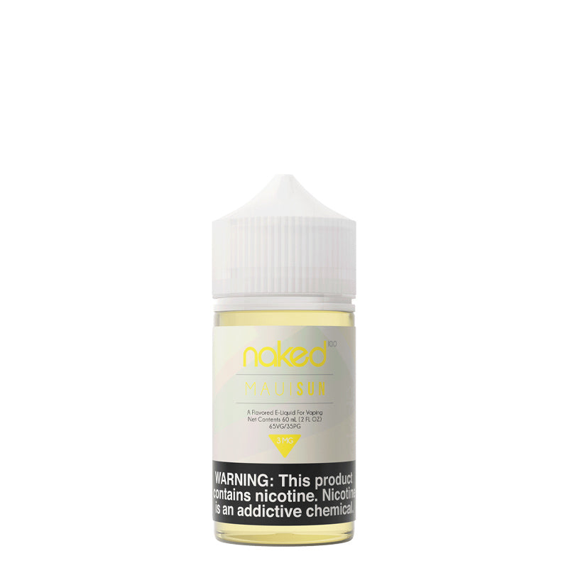 A 60ml bottle of Naked 100 Maui Sun eLiquid with a warning sign - Vaper Corner