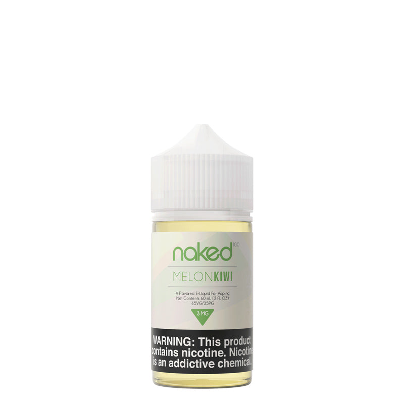 A 60ml bottle of Melon Kiwi Naked 100 eLiquid with a warning sign - Vaper Corner