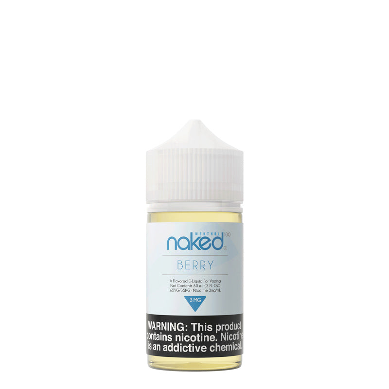 A 60ml bottle of Naked 100 Menthol Berry eLiquid with a warning sign - Vaper Corner