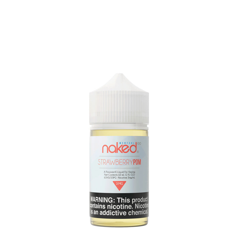 A 60ml bottle of Naked 100 Menthol Strawberry Pom eLiquid with a warning sign - Vaper Corner