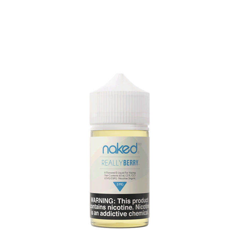 A 60ml bottle of Naked 100 Really Berry eLiquid with a warning sign - Vaper Corner