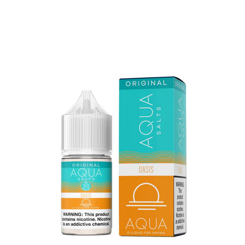 A 30ml bottle of OASIS AQUA Synthetic Salts with a warning sign and a box next to it - Vaper Corner