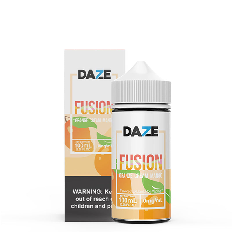 A box of Orange Cream Mango 7 Daze Fusion with a warning sign and a 100ml bottle next to it - Vaper Corner