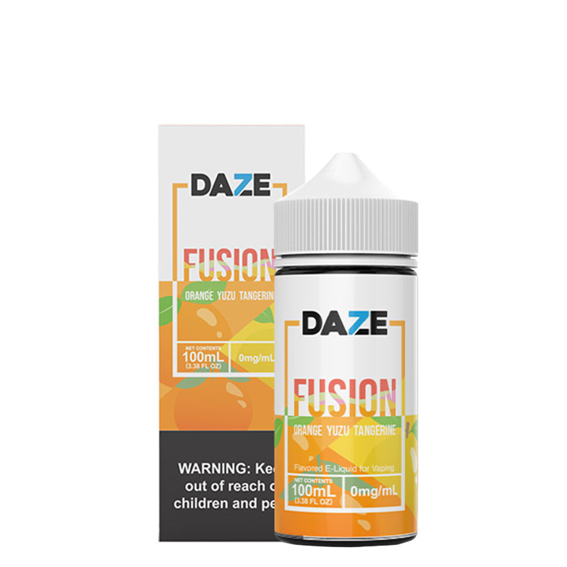 A box of Orange Yuzu Tangerine 7 Daze Fusion with a warning sign and a 100ml bottle next to it - Vaper Corner