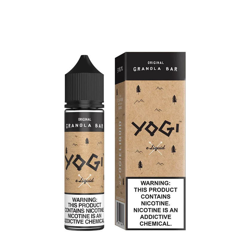 A 60ml bottle of Original Granola Bar YOGI eLiquid and a box with a warning sign next to it - Vaper Corner