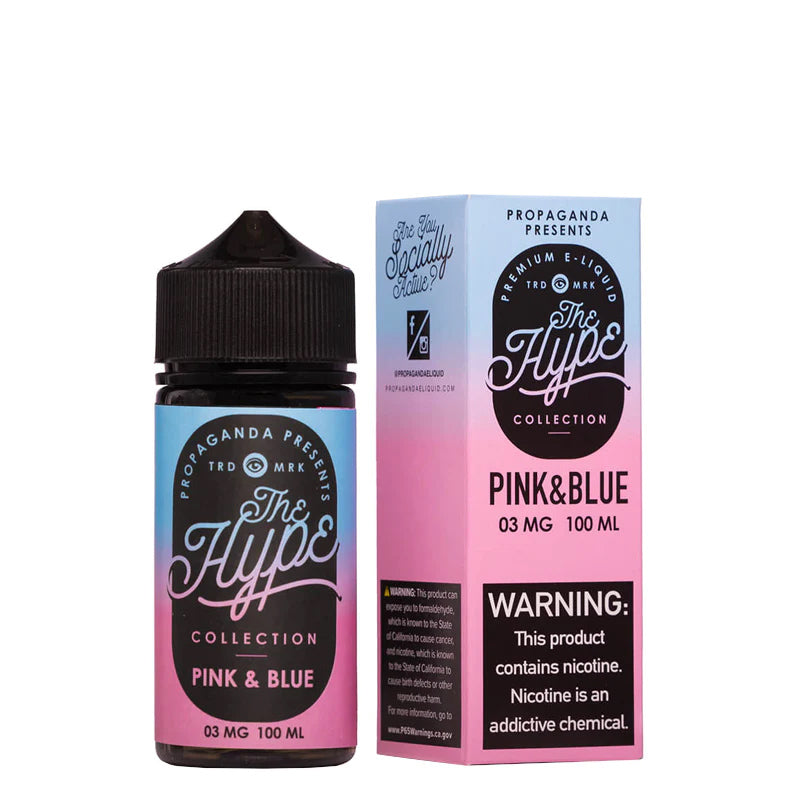 A 100ml bottle of Pink & Blue Propaganda The Hype eLiquid and a box with a warning sign next to it - Vaper Corner