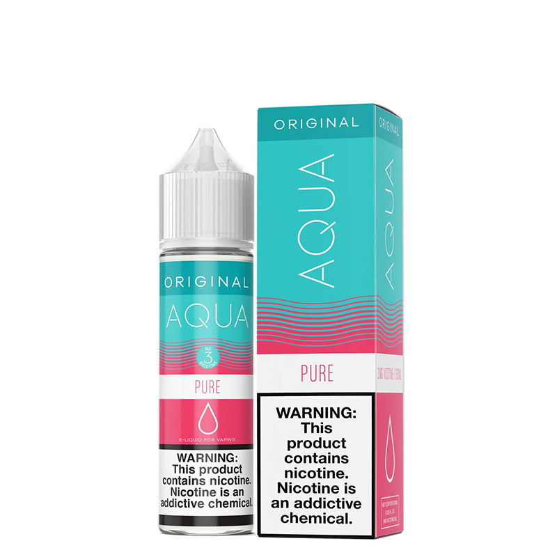 A 60ml bottle of PURE AQUA Original eLiquid  with a warning sign and a box next to it - Vaper Corner