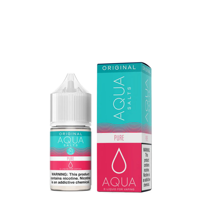 A 30ml bottle of PURE AQUA Synthetic Salts with a warning sign and a box next to it - Vaper Corner