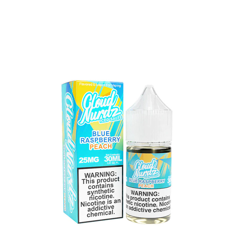 A box of Peach Blue Raspberry ICED TFN Salts Cloud Nurdz with a warning sign and a 30ml bottle next to it - Vaper Corner