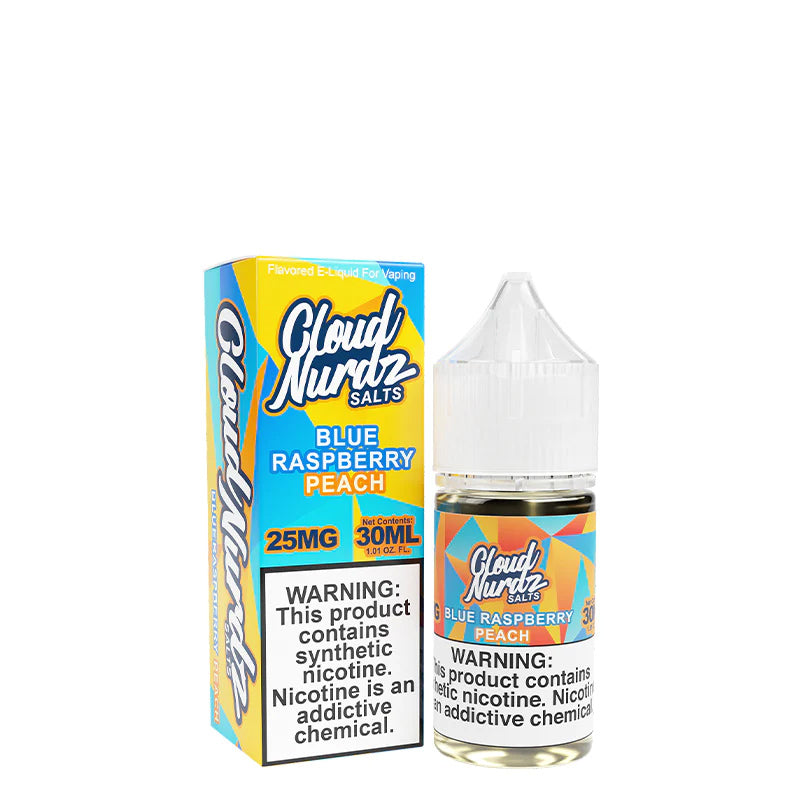 A box of Peach Blue Raspberry TFN Salts Cloud Nurdz with a warning sign and a 30ml bottle next to it - Vaper Corner