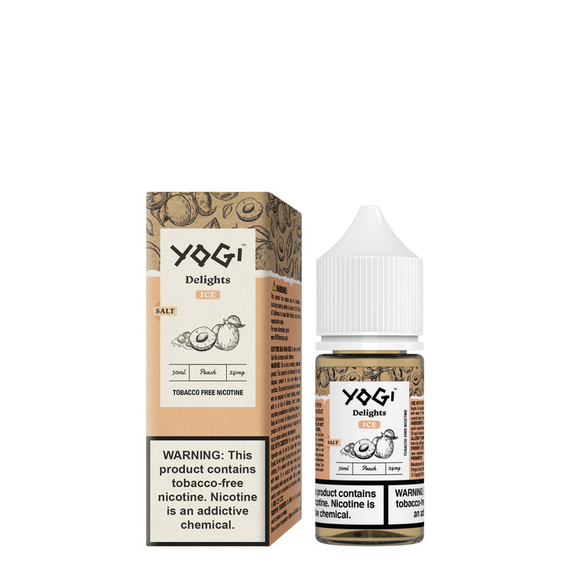 A box of Peach Ice Salts YOGI Delights with a warning sign and a 30ml bottle next to it - Vaper Corner