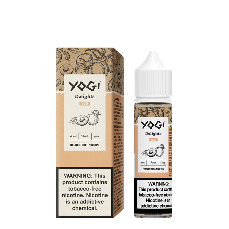 A box of Peach Ice YOGI Delights with a warning sign and a 60ml bottle next to it - Vaper Corner