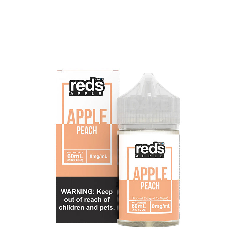 A box of Peach Reds Apple eJuice with a warning sign and a 60ml bottle next to it - Vaper Corner