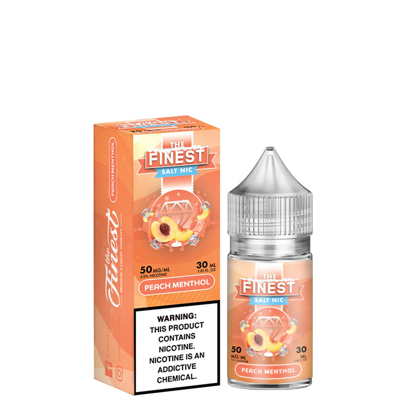 A box of Peach Menthol Finest SaltNic Series with a warning sign and a 30ml bottle next to it - Vaper Corner