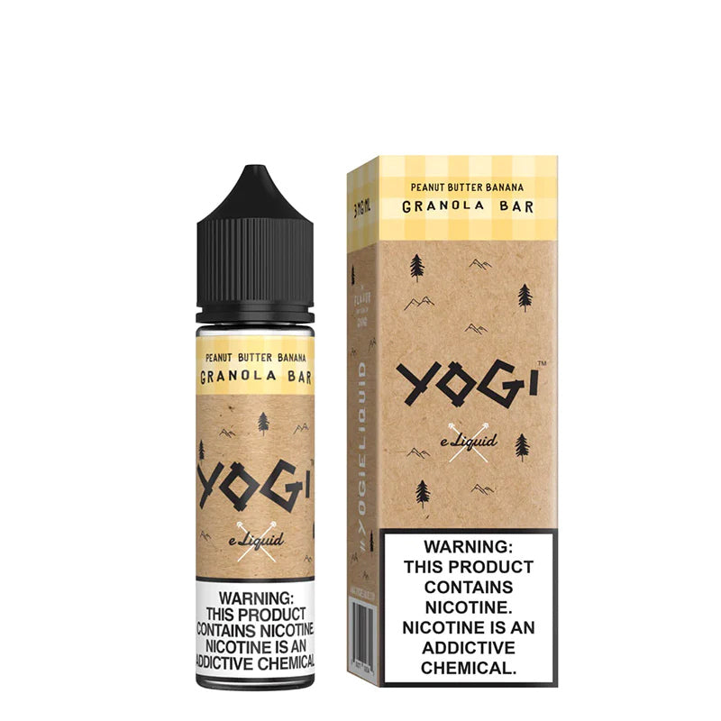 A 60ml bottle of Peanut Butter Banana Granola Bar YOGI and a box with a warning sign next to it - Vaper Corner