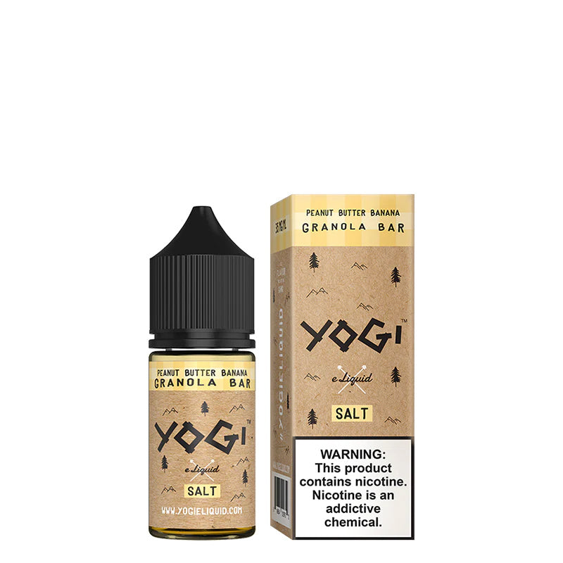 A 30ml bottle of Peanut Butter Banana Granola Bar YOGI Salts and a box with a warning sign next to it - Vaper Corner