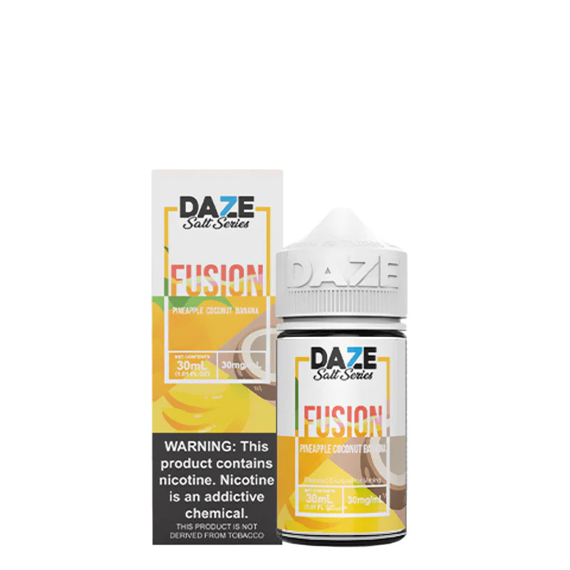 A box of Pineapple Coconut Banana 7 Daze Fusion Salt with a warning sign and a 30ml bottle next to it - Vaper Corner