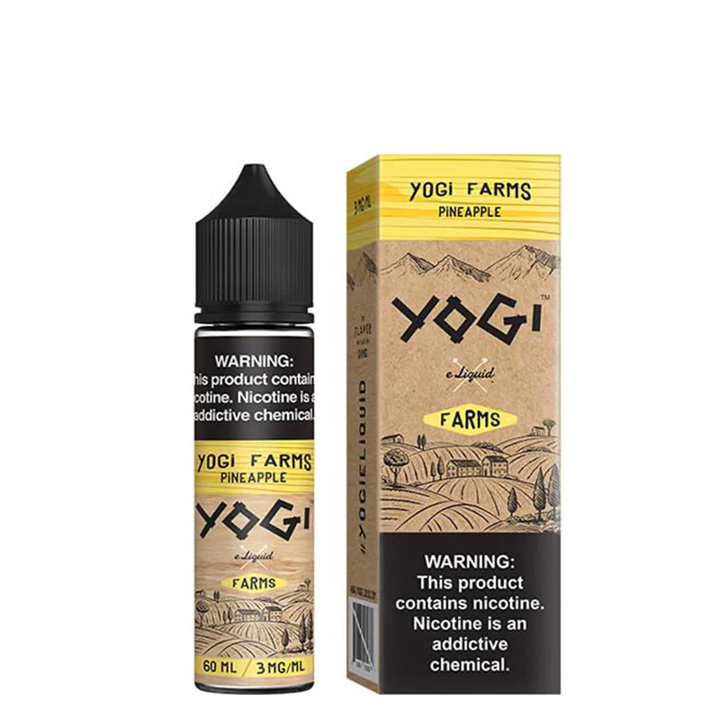 A 60ml bottle of Pineapple YOGI Farms eLiquid and a box with a warning sign next to it - Vaper Corner