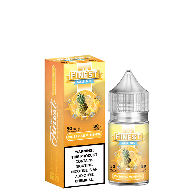 A box of Pineapple Menthol Finest SaltNic Series with a warning sign and a 30ml bottle next to it - Vaper Corner