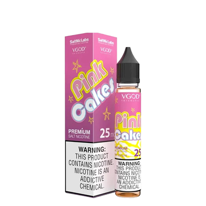 A box of Pink Cakes VGOD SaltNic with a warning sign and a 30ml bottle next to it - Vaper Corner