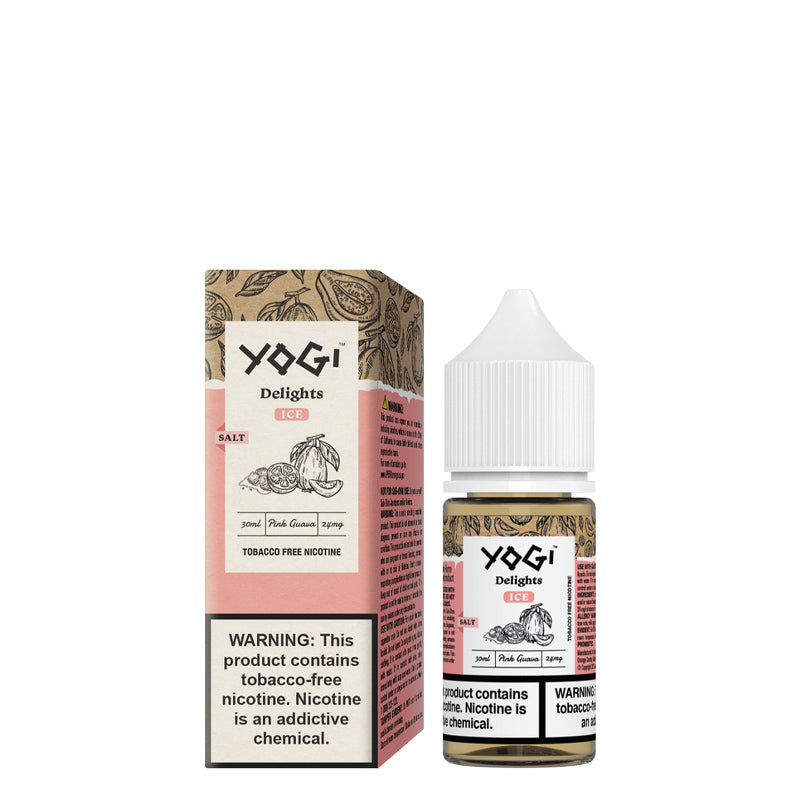 A box of Pink Guava Ice Salts YOGI Delights with a warning sign and a 30ml bottle next to it - Vaper Corner