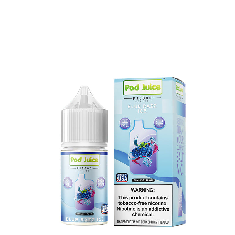 A 30ml bottle of Blue Razz Ice Pod Juice PJ 5000 Series TFN Salt and a box with a warning sign next to it - Vaper Corner