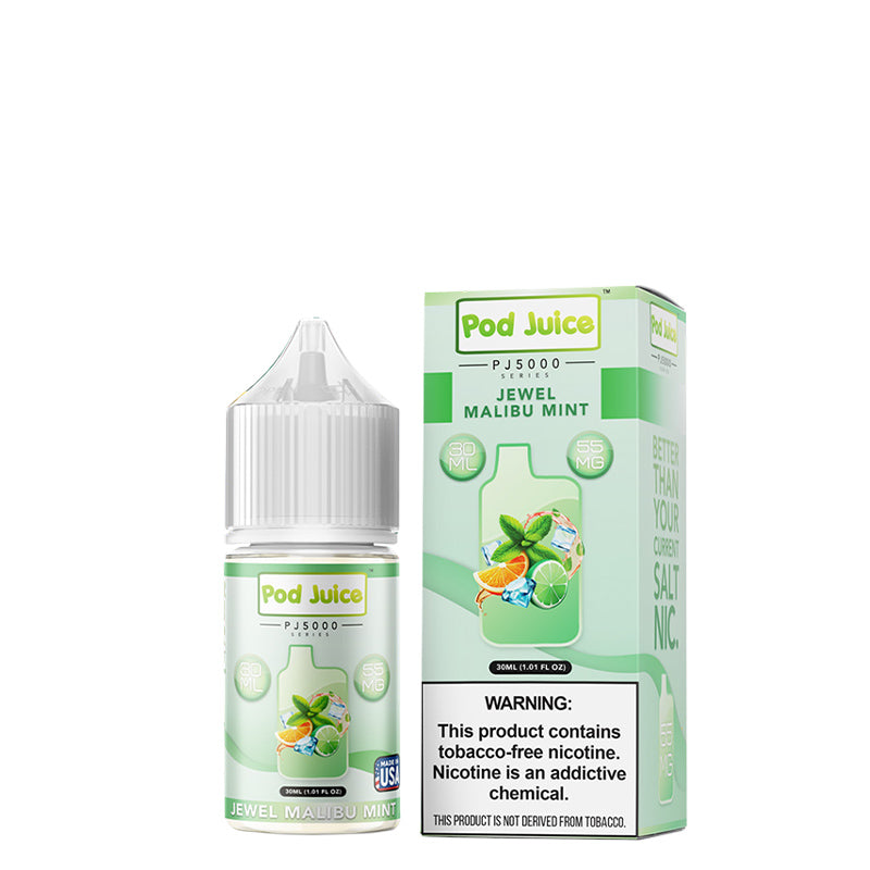 A 30ml bottle of Jewel Malibu Mint Pod Juice PJ 5000 Series TFN Salt and a box with a warning sign next to it - Vaper Corner