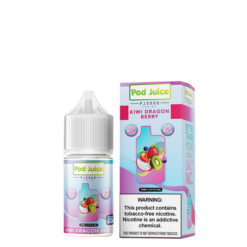 A 30ml bottle of Kiwi Dragon Berry Pod Juice PJ 5000 Series TFN Salt and a box with a warning sign next to it - Vaper Corner