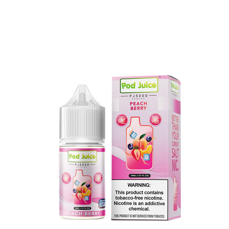 A 30ml bottle of Peach Berry Pod Juice PJ 5000 Series TFN Salt and a box with a warning sign next to it - Vaper Corner