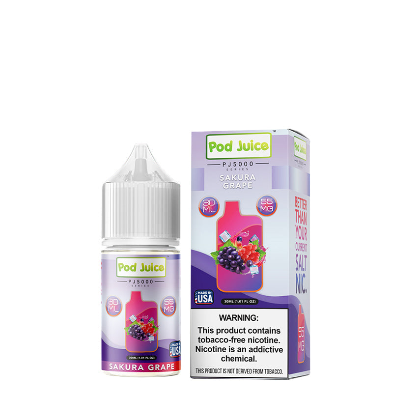 A 30ml bottle of Sakura Grape Pod Juice PJ 5000 Series TFN Salt and a box with a warning sign next to it - Vaper Corner