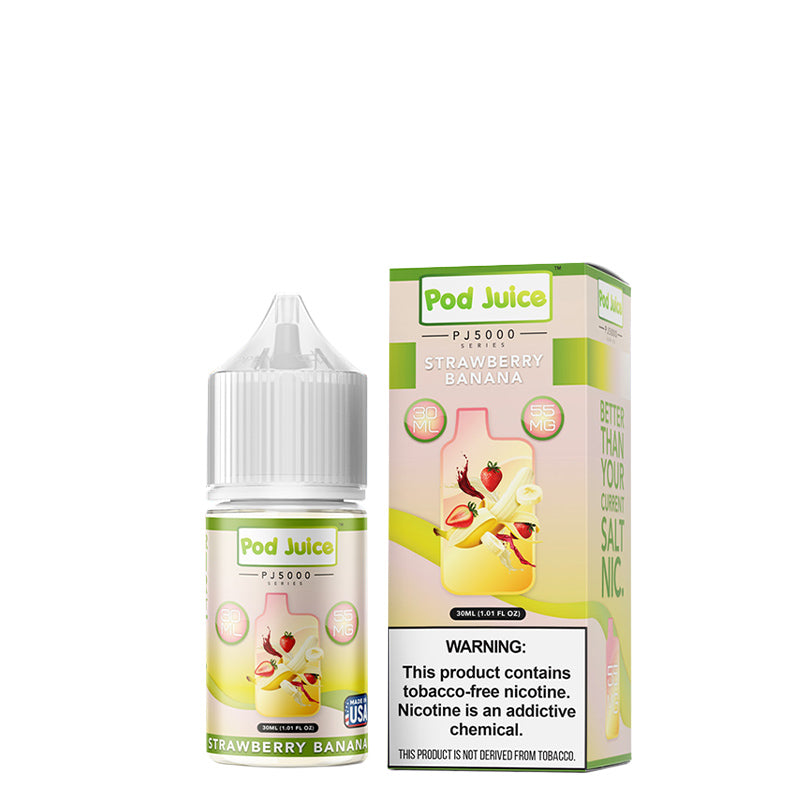 A 30ml bottle of Strawberry Banana Pod Juice PJ 5000 Series TFN Salt and a box with a warning sign next to it - Vaper Corner