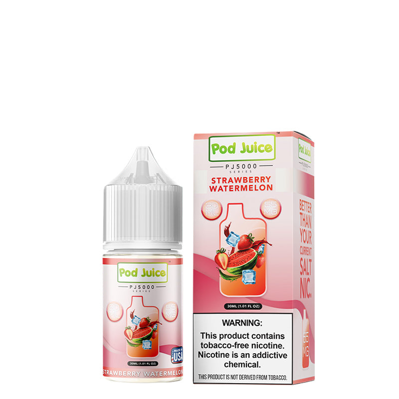 A 30ml bottle of Strawberry Watermelon Pod Juice PJ 5000 Series TFN Salt and a box with a warning sign next to it - Vaper Corner