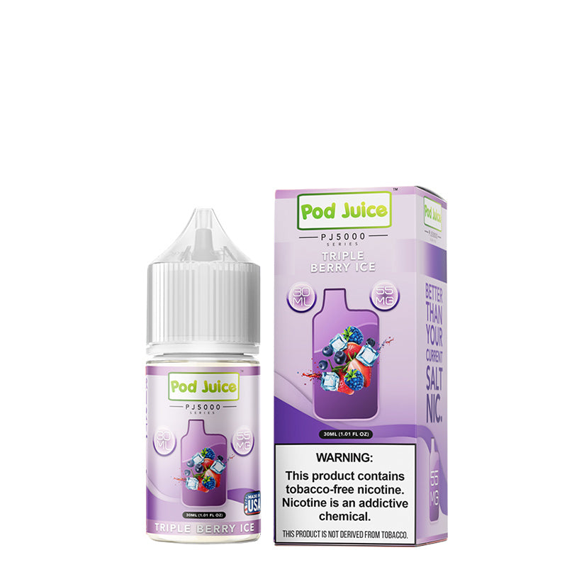 A 30ml bottle of Triple Berry Ice Pod Juice PJ 5000 Series TFN Salt and a box with a warning sign next to it - Vaper Corner