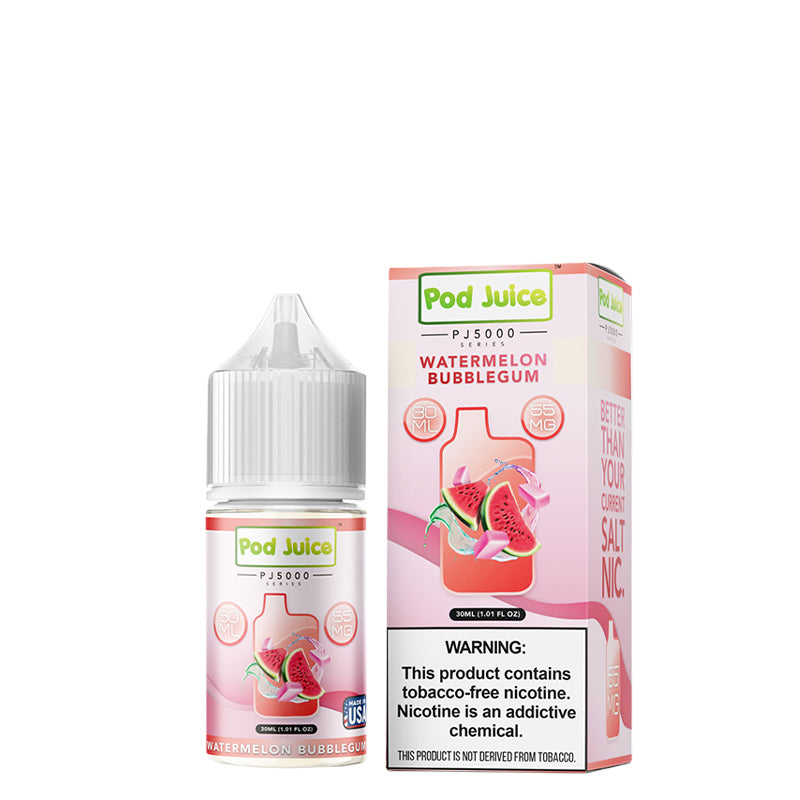 A 30ml bottle of Watermelon Bubblegum Pod Juice PJ 5000 Series TFN Salt and a box with a warning sign next to it - Vaper Corner