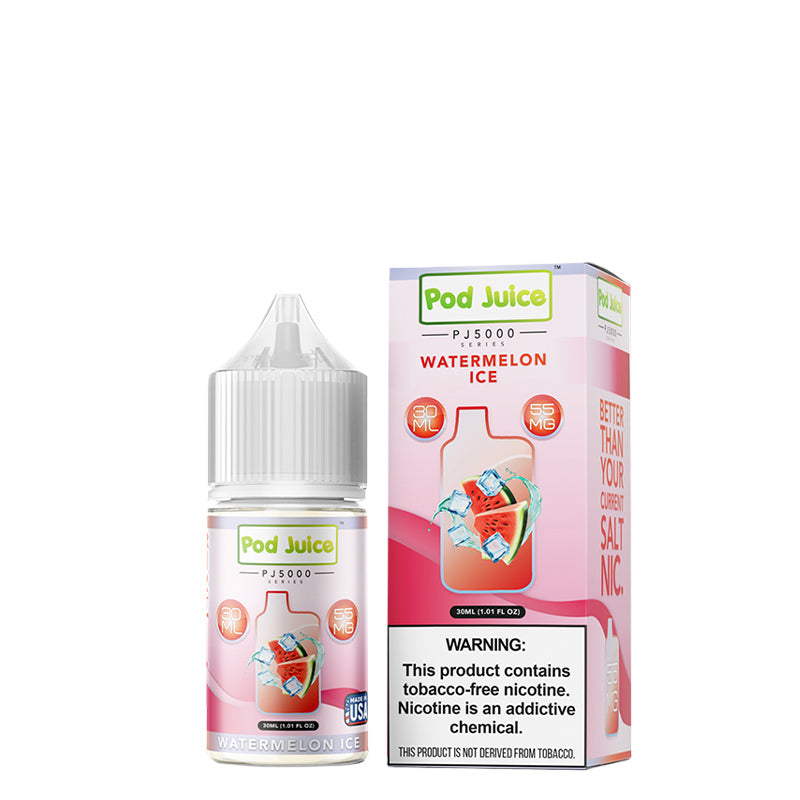 A 30ml bottle of Watermelon Ice Pod Juice PJ 5000 Series TFN Salt and a box with a warning sign next to it - Vaper Corner