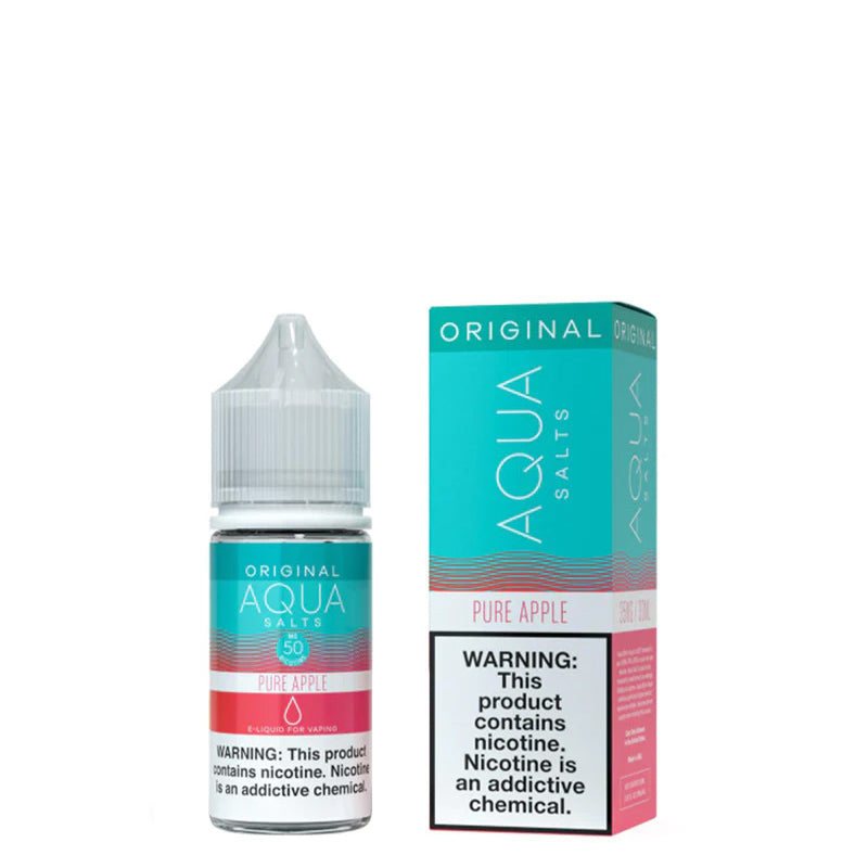 A 30ml bottle of Pure Apple AQUA Synthetic Salts with a warning sign and a box next to it - Vaper Corner