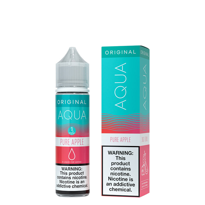 A 60ml bottle of Pure Apple AQUA eLiquid with a warning sign and a box next to it - Vaper Corner